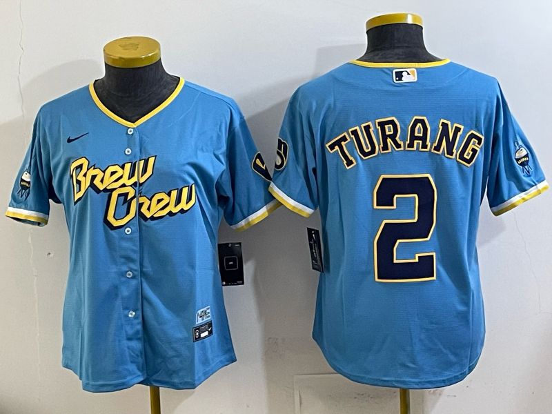 Women 2025 Milwaukee Brewers #2 Turang Light blue City Edition Nike MLB Jersey 02->women mlb jersey->Women Jersey